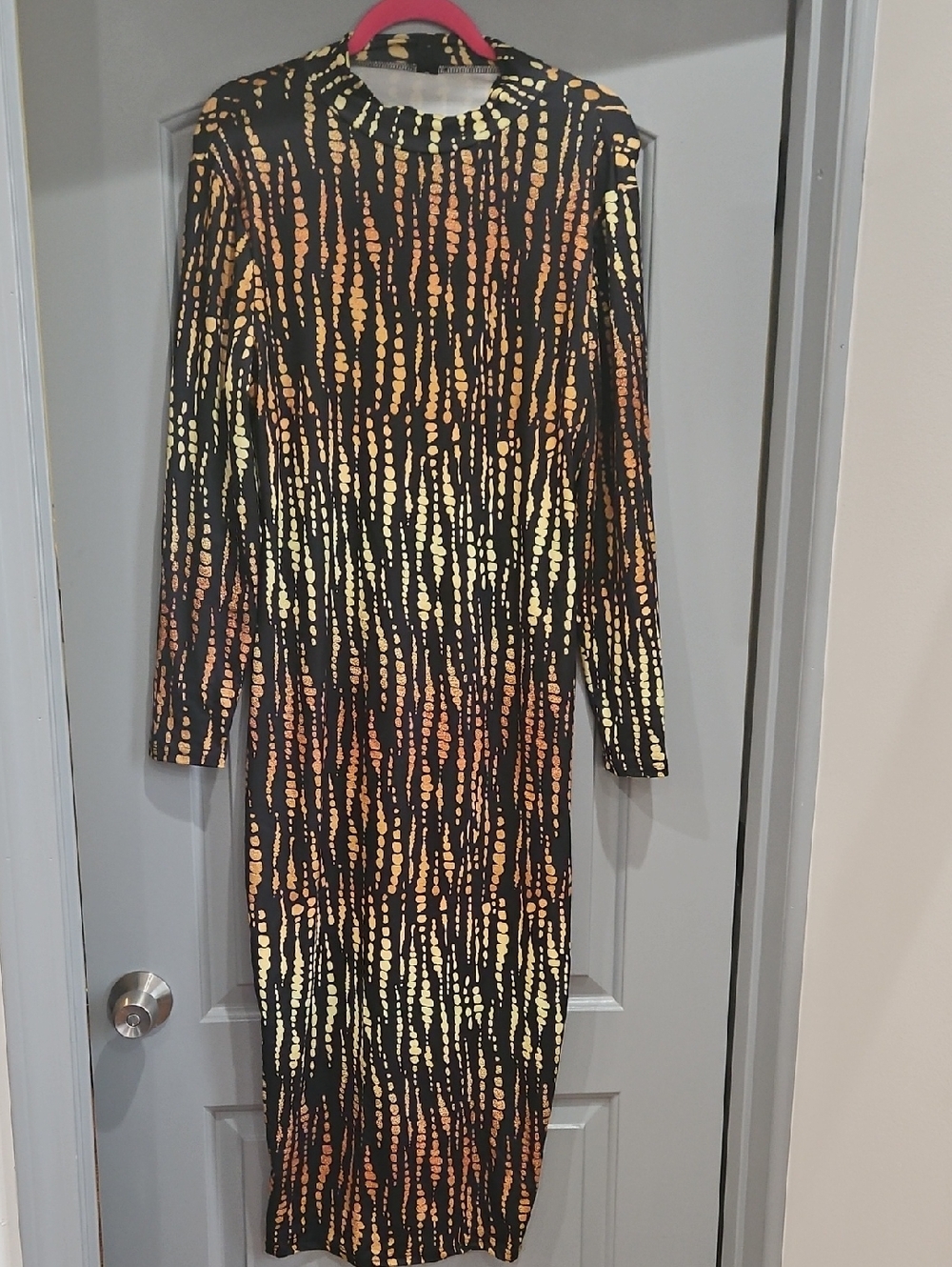 Black Long Sleeve Midi Dress with Gold  Orange & Yellow Dot Stripe Pattern